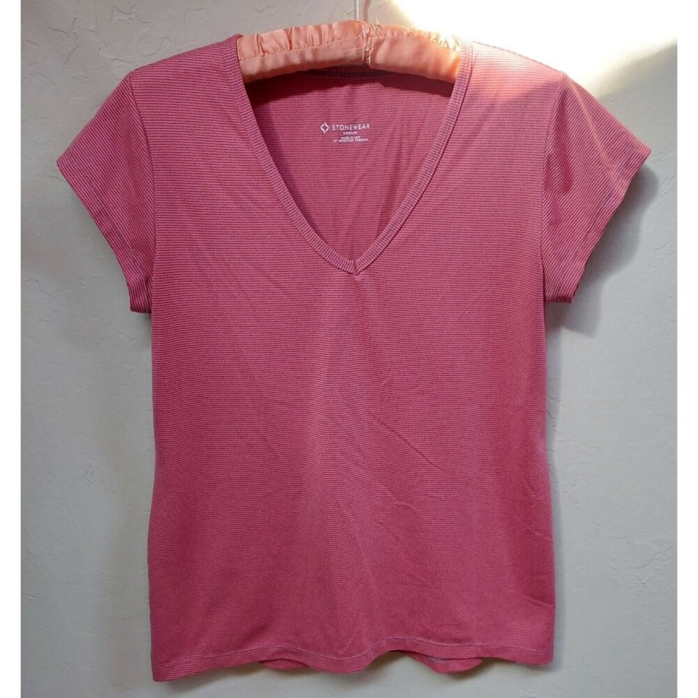 Stonewear Womens V-Neck Pink Stripe T-Shirt Size Medium Short Sleeve Made in USA
